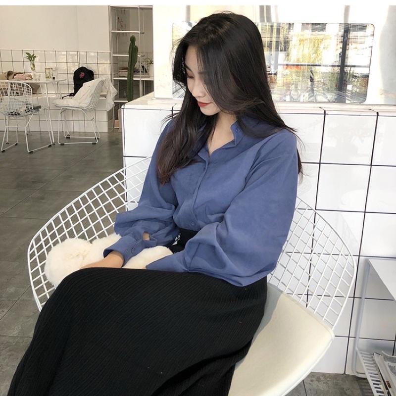 hinaaaa/現貨｜港風·復古燈籠袖襯衫 寬鬆長袖襯衫上衣 燈芯絨絨布料 華燈初上-細節圖2