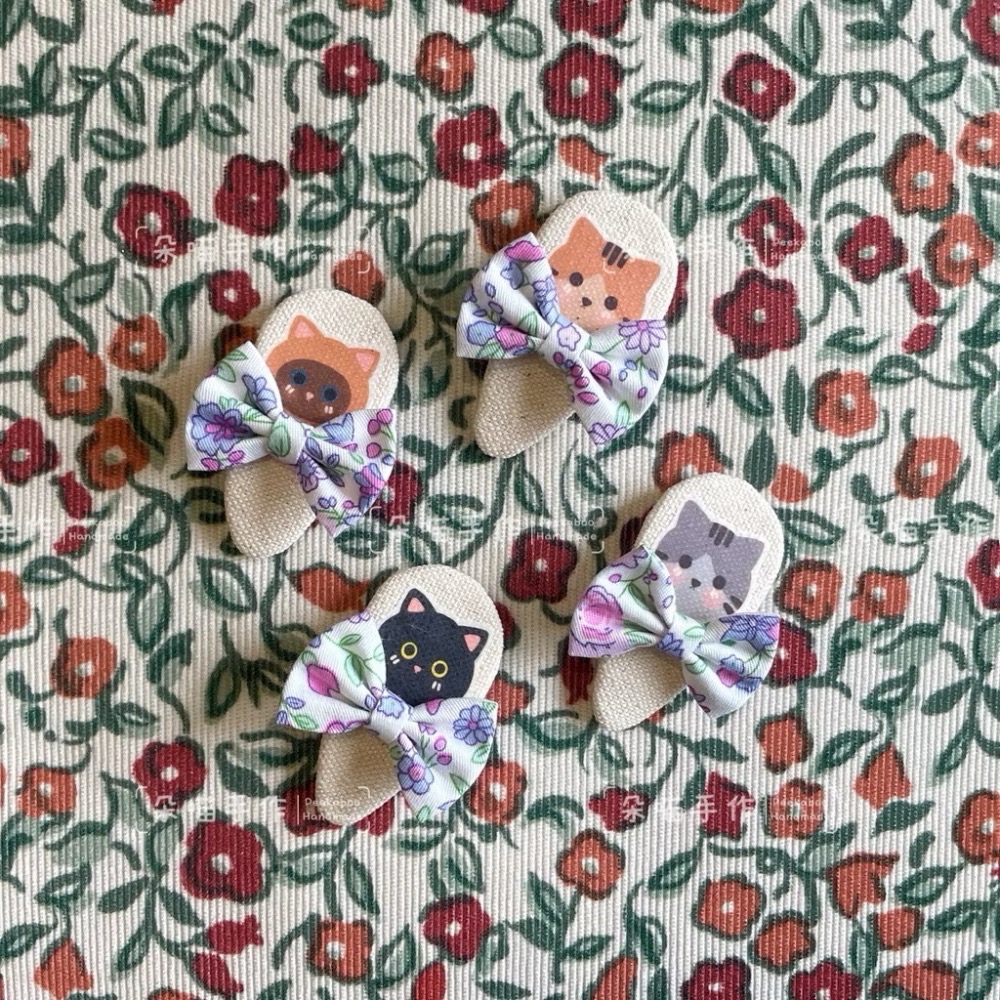獨家手繪 🐈貓咪 紫碎花蝴蝶結bb夾 髮飾 髮夾 2色-細節圖2