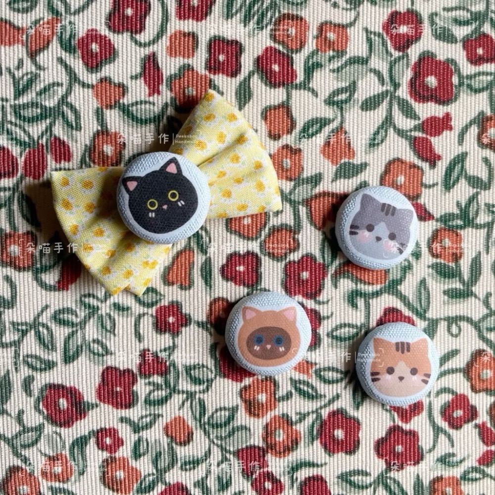 獨家手繪 🐈貓咪 釦釦+黃花蝴蝶結 5色 大綁 小綁 髮夾-細節圖2