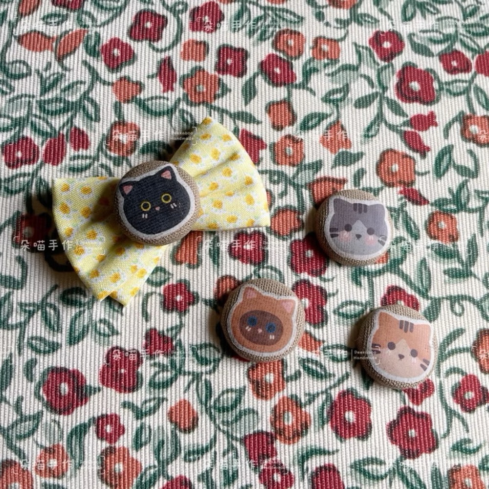 獨家手繪 🐈貓咪 釦釦+黃花蝴蝶結 5色 大綁 小綁 髮夾-細節圖5
