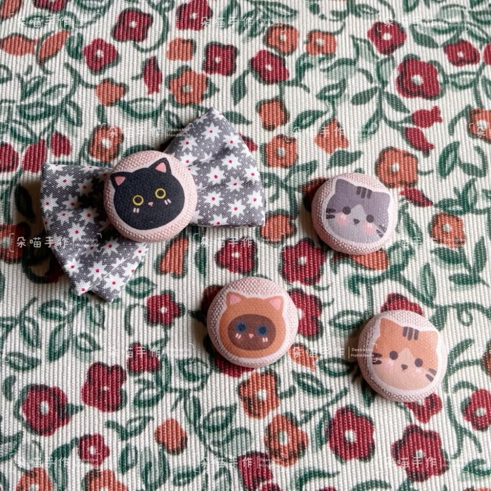 獨家手繪 🐈貓咪 釦釦+灰小星花蝴蝶結 5色 大綁 小綁 髮夾-細節圖3