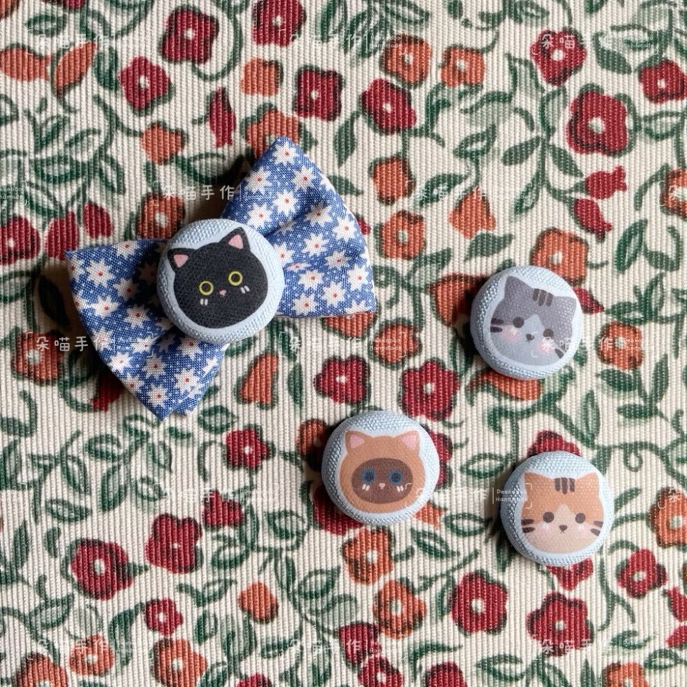 獨家手繪 🐈貓咪 釦釦+藍小星花蝴蝶結 5色 大綁 小綁 髮夾-細節圖2