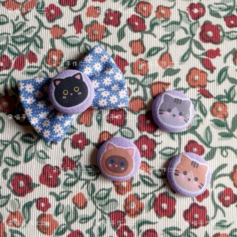 獨家手繪 🐈貓咪 釦釦+藍小星花蝴蝶結 5色 大綁 小綁 髮夾-細節圖4