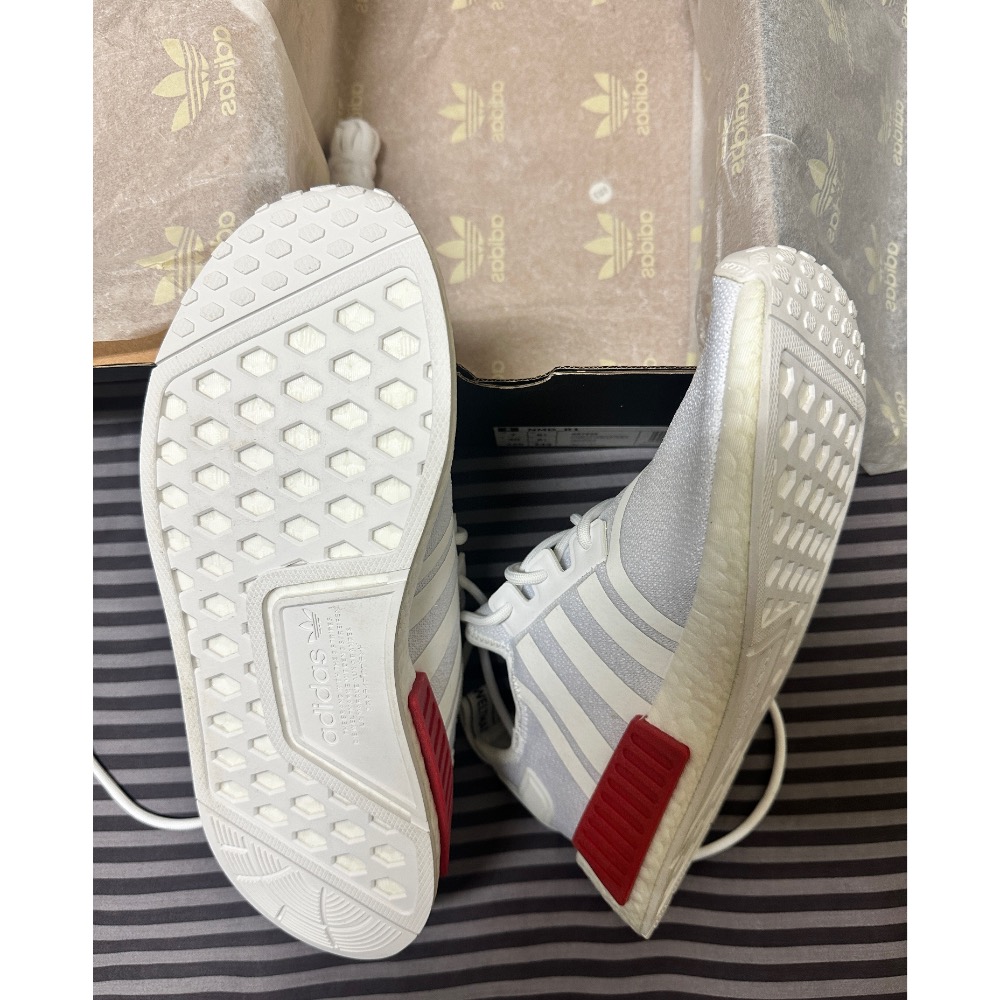 -adidas original NMD-R1經典全白 紅藍 反光襪套式男款 全新未穿台灣公司貨-細節圖5