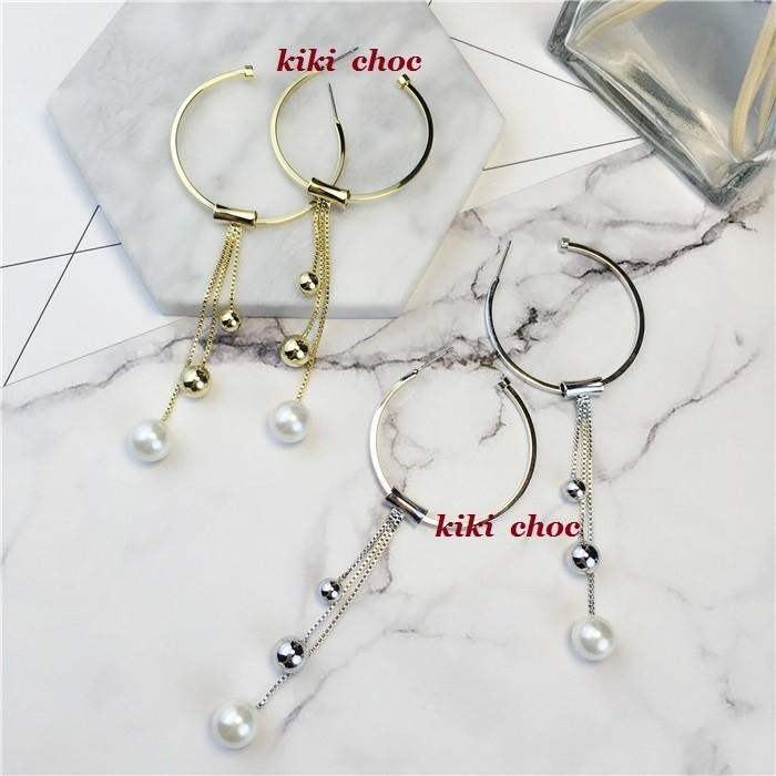 ♥kiki choc♥韓 個性大圓圈圈金屬框垂墜珍珠/珠珠長耳環/2way佩戴耳環流蘇-細節圖5