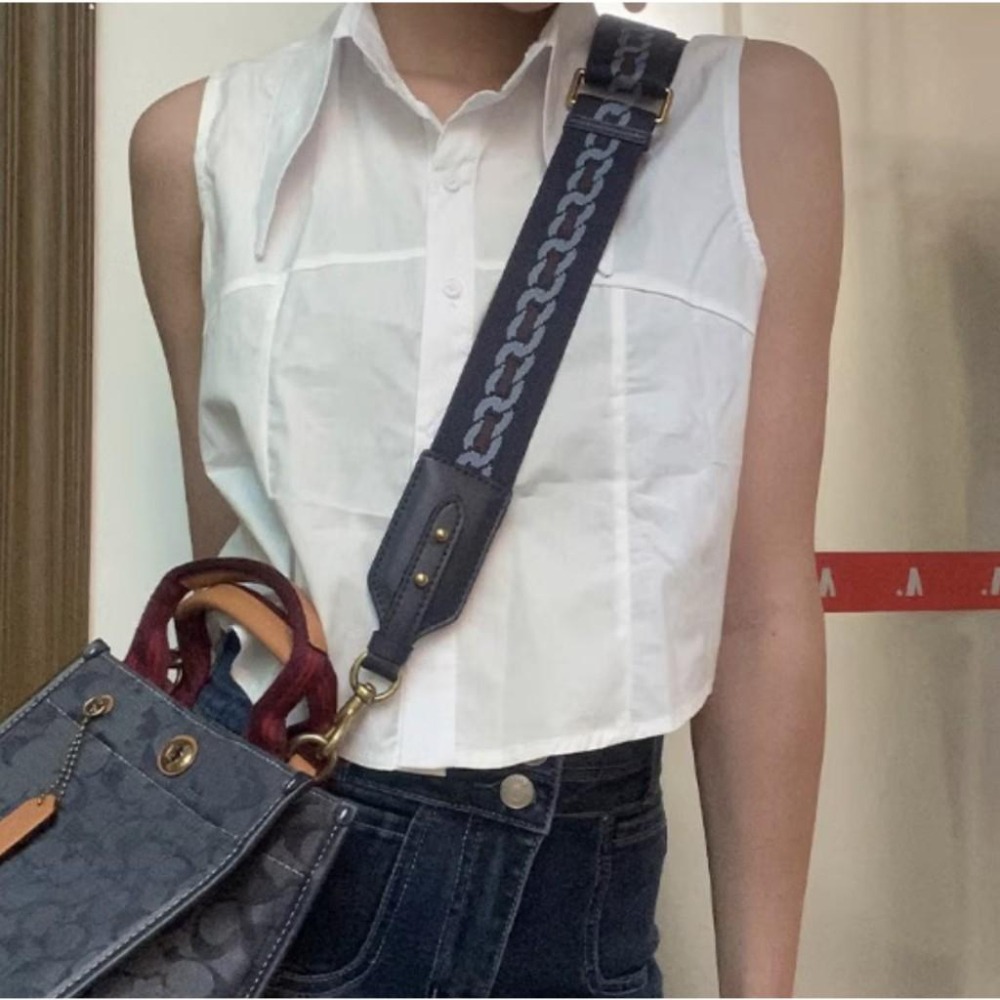 💙寬版 拼接真皮革可拆卸改造包包肩揹帶/寬背帶/斜揹帶/寬肩帶/側背帶 鏈條圖騰 單寧深藍/背帶-細節圖7