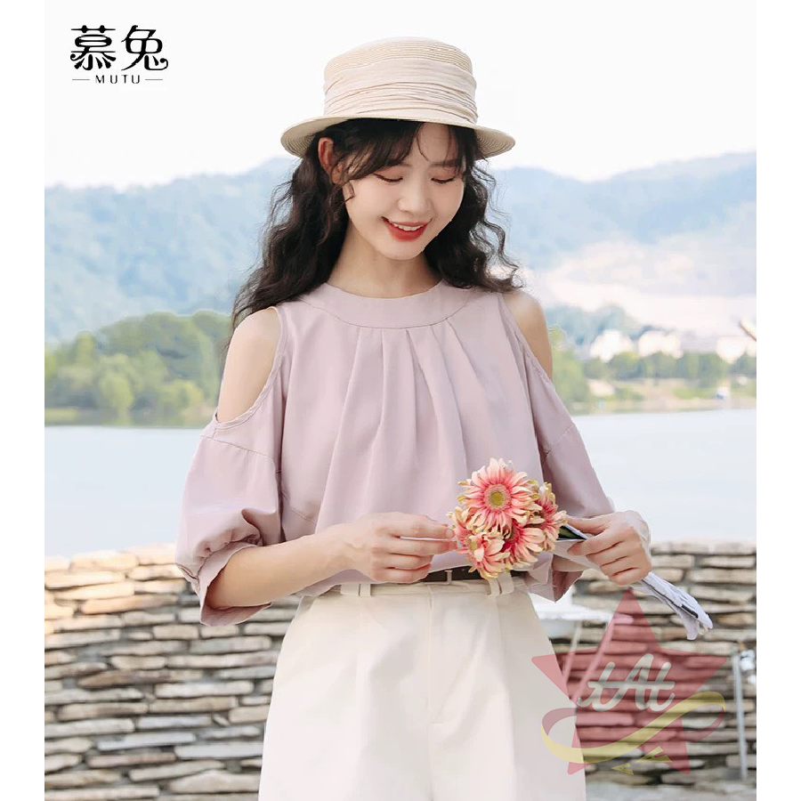 台灣現貨🔥 慕兔法式露肩襯衫 少女 2025夏季 新款設計感 小衆 小個子 氣質絶美上衣 甜美清新-規格圖4