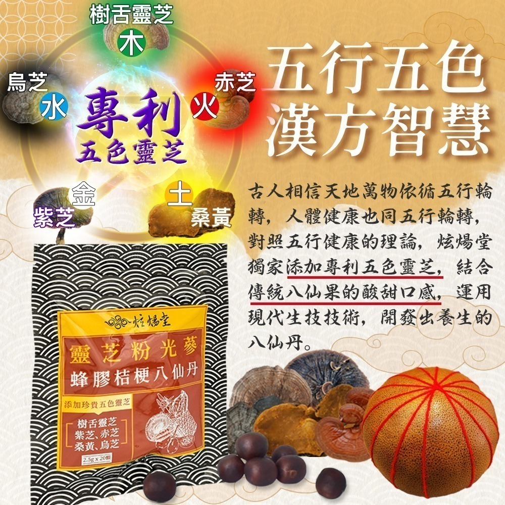 炫煬堂 靈芝粉光蔘蜂膠桔梗八仙丹(2.5g x20顆/袋)-細節圖3