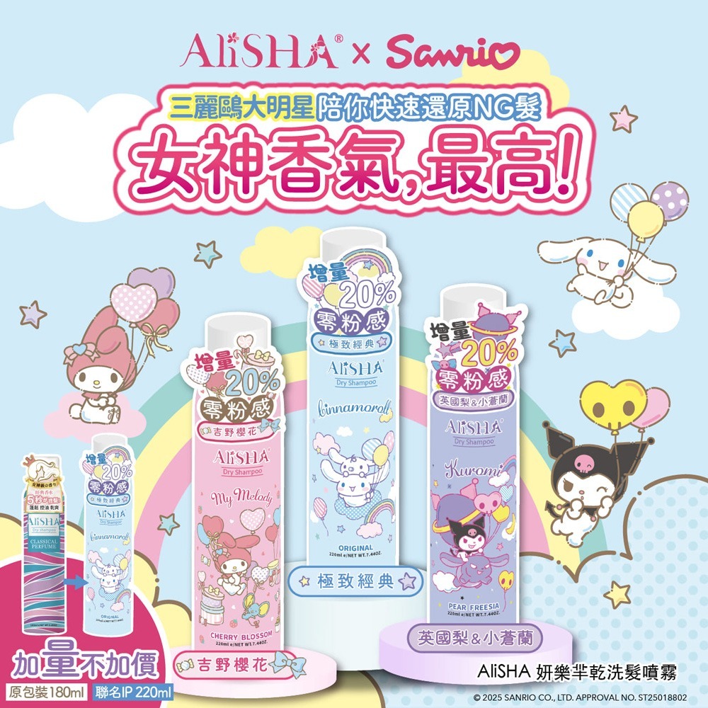 AliSHA  三麗鷗聯名款 乾洗髮噴霧220ml (多款可選) 三麗鷗聯名款-細節圖2