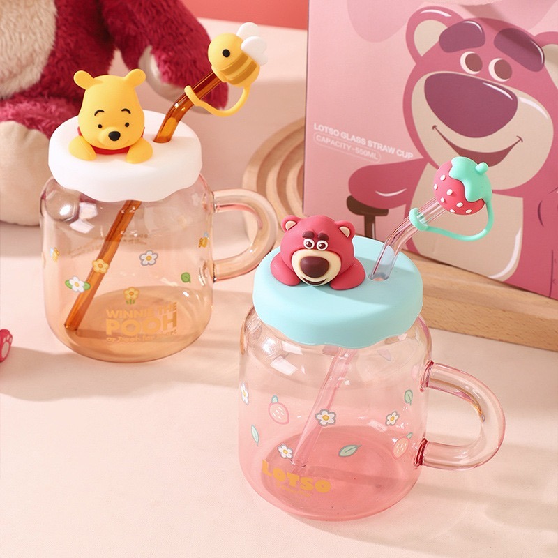 [Be Woman]現+預 草莓熊 熊抱哥 唐老鴨 維尼 小熊維尼 玻璃杯 水杯 附吸管550ml-細節圖2