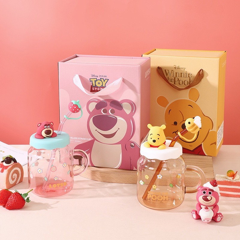 [Be Woman]現+預 草莓熊 熊抱哥 唐老鴨 維尼 小熊維尼 玻璃杯 水杯 附吸管550ml-細節圖3