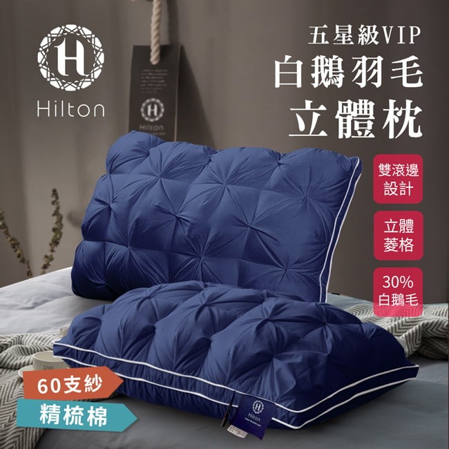 【虎達麥皂陪省團】【Hilton 希爾頓】五星級60支紗100%精梳棉白鵝羽毛枕/星空藍/附無仿布提袋-細節圖3