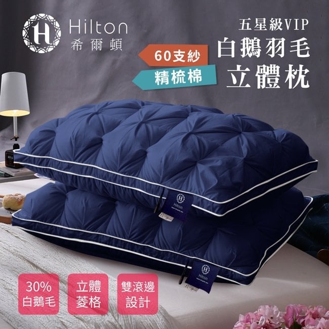【虎達麥皂陪省團】【Hilton 希爾頓】五星級60支紗100%精梳棉白鵝羽毛枕/星空藍/附無仿布提袋-細節圖4