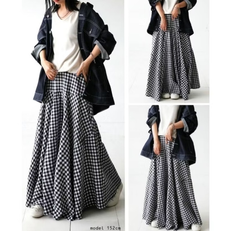 ❤️J.shop❤️現貨 日單ANTIQUA四季黑白格子拼接喇叭長裙#AO-00081-細節圖5