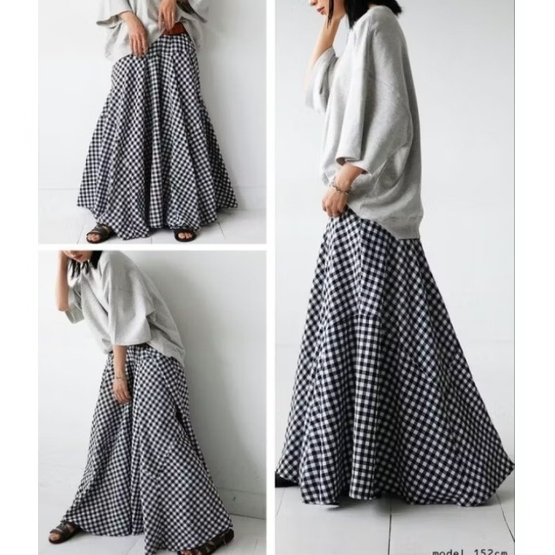 ❤️J.shop❤️現貨 日單ANTIQUA四季黑白格子拼接喇叭長裙#AO-00081-細節圖6
