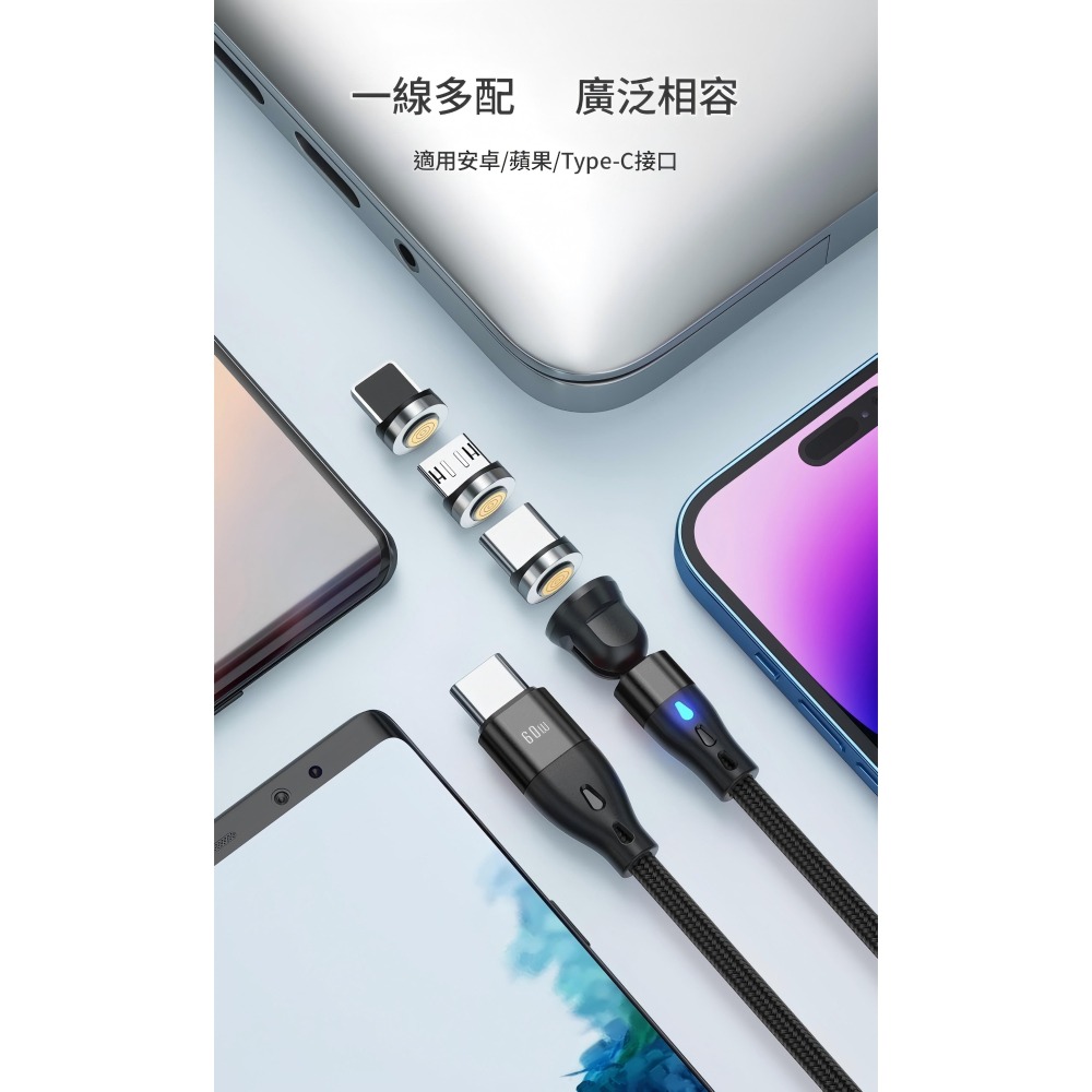 60w 540度旋轉Type-c to 三合一磁吸快充線 PD充電線 超級快充線 全能充電綫 長100cm-細節圖10
