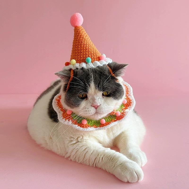<1313選物>針織款 猫咪生日帽子 寵物周歲派對 裝扮氛圍 拍照裝飾 狗狗圍脖 可愛手工套裝-細節圖4