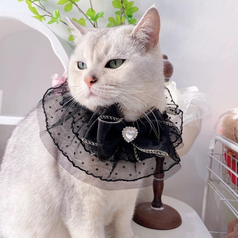 <1313選物>小香風 仙女款蝴蝶结網纱寵物領巾圍脖布偶猫甜美項圈珍珠鑲鑽領結裝飾品 口水巾 現貨-細節圖4
