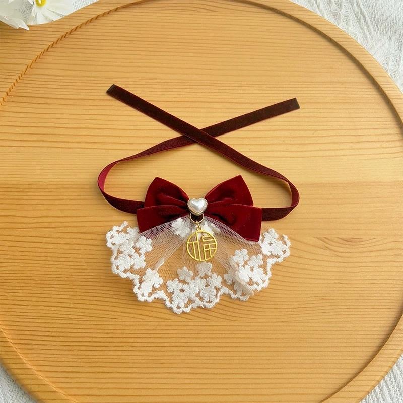 <1313選物>寵物陪嫁領結 結婚喜慶 吾家有喜 福星高照 猫咪狗狗脖子飾品紅色蝴蝶結配愛心珍珠白紗領花質感領巾頸部裝飾-細節圖3