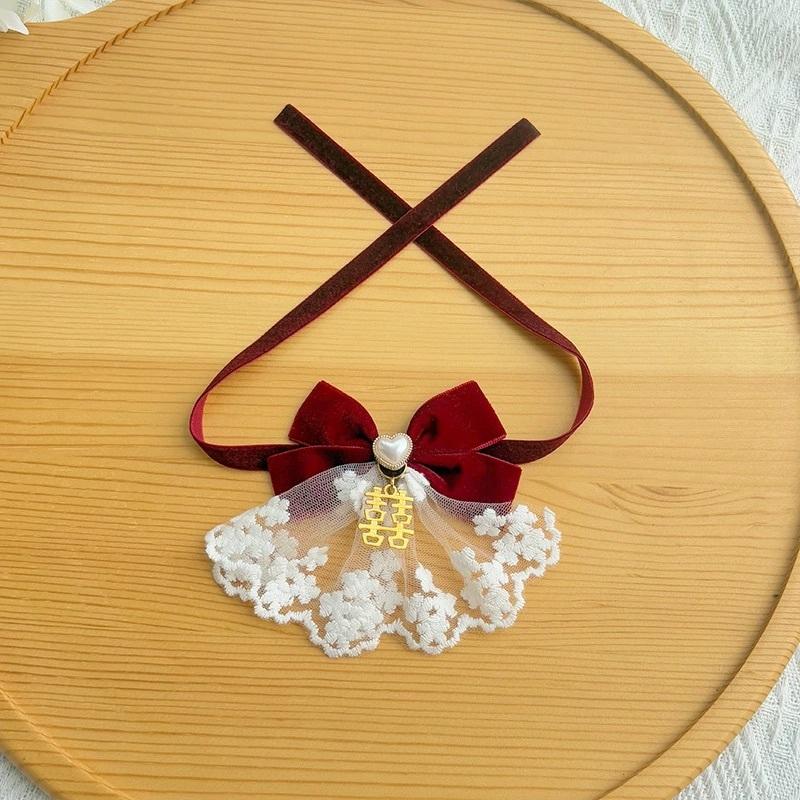 <1313選物>寵物陪嫁領結 結婚喜慶 吾家有喜 福星高照 猫咪狗狗脖子飾品紅色蝴蝶結配愛心珍珠白紗領花質感領巾頸部裝飾-細節圖4
