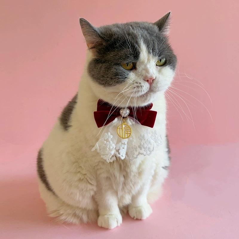 <1313選物>寵物陪嫁領結 結婚喜慶 吾家有喜 福星高照 猫咪狗狗脖子飾品紅色蝴蝶結配愛心珍珠白紗領花質感領巾頸部裝飾-細節圖5