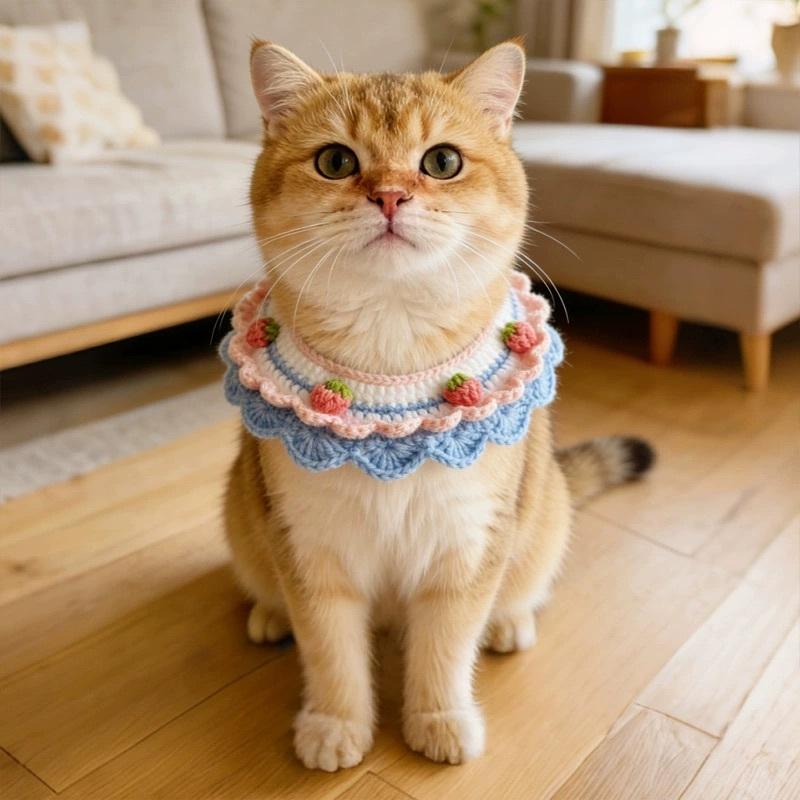 <1313選物>春夏針織款 可愛野草莓 狗狗口水巾 毛線小猫猫配飾 猫咪針織圍脖 公主風圍兜-細節圖4