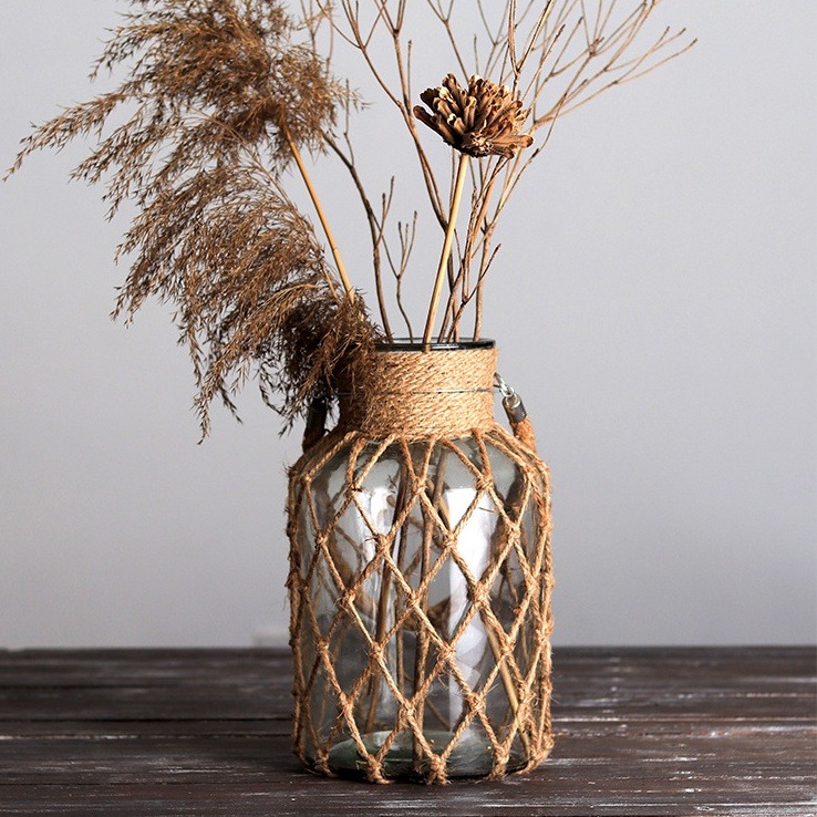 (在台出貨) 可懸掛編織麻繩玻璃花瓶乾燥花器水培植物小花瓶-細節圖6
