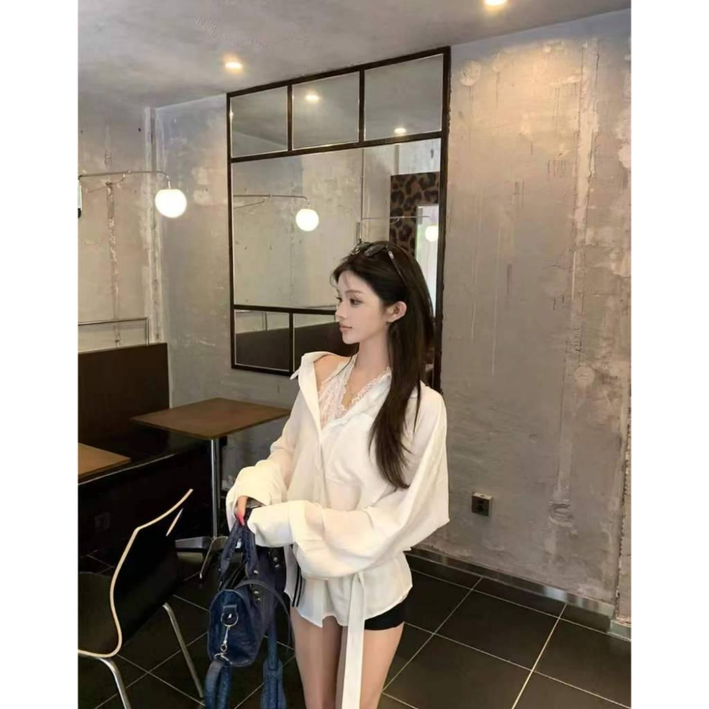 Number28 - (附腰帶)兩件式上衣 蕾絲背心+長版白襯衫 286303-細節圖4