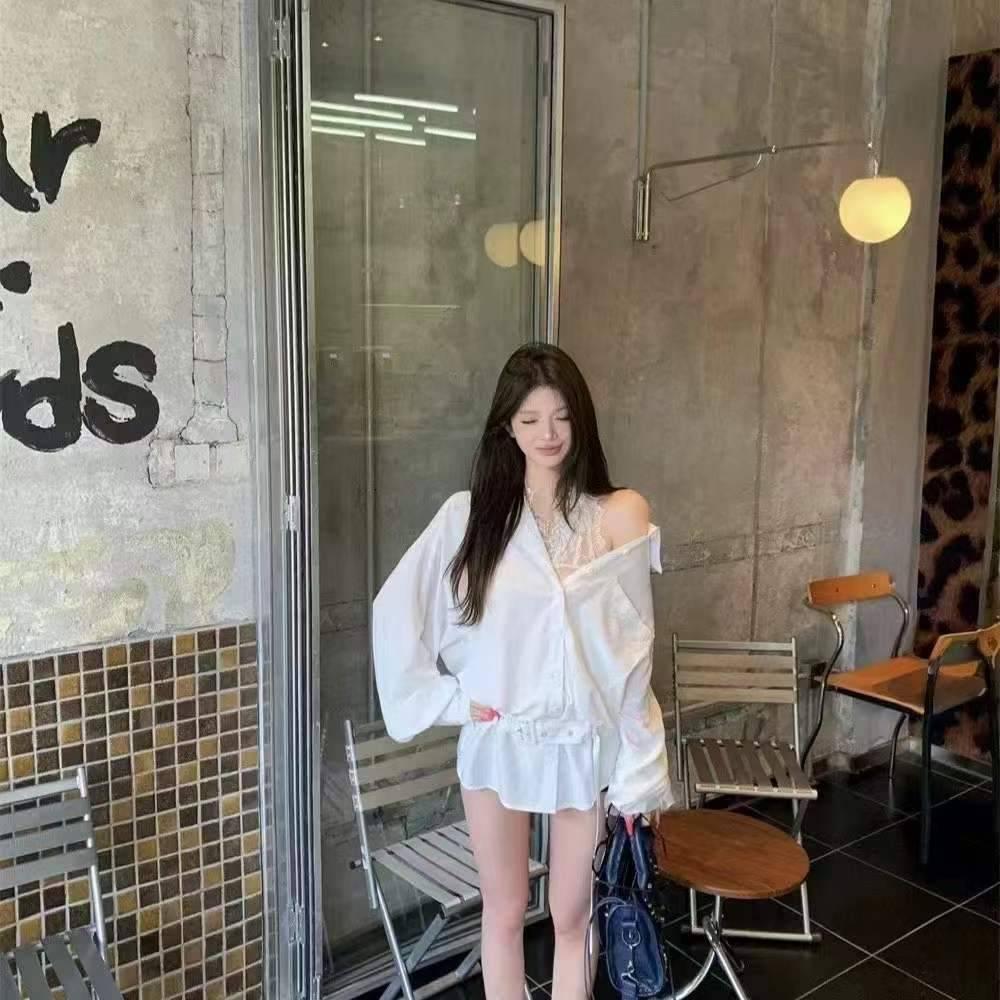 Number28 - (附腰帶)兩件式上衣 蕾絲背心+長版白襯衫 286303-細節圖5