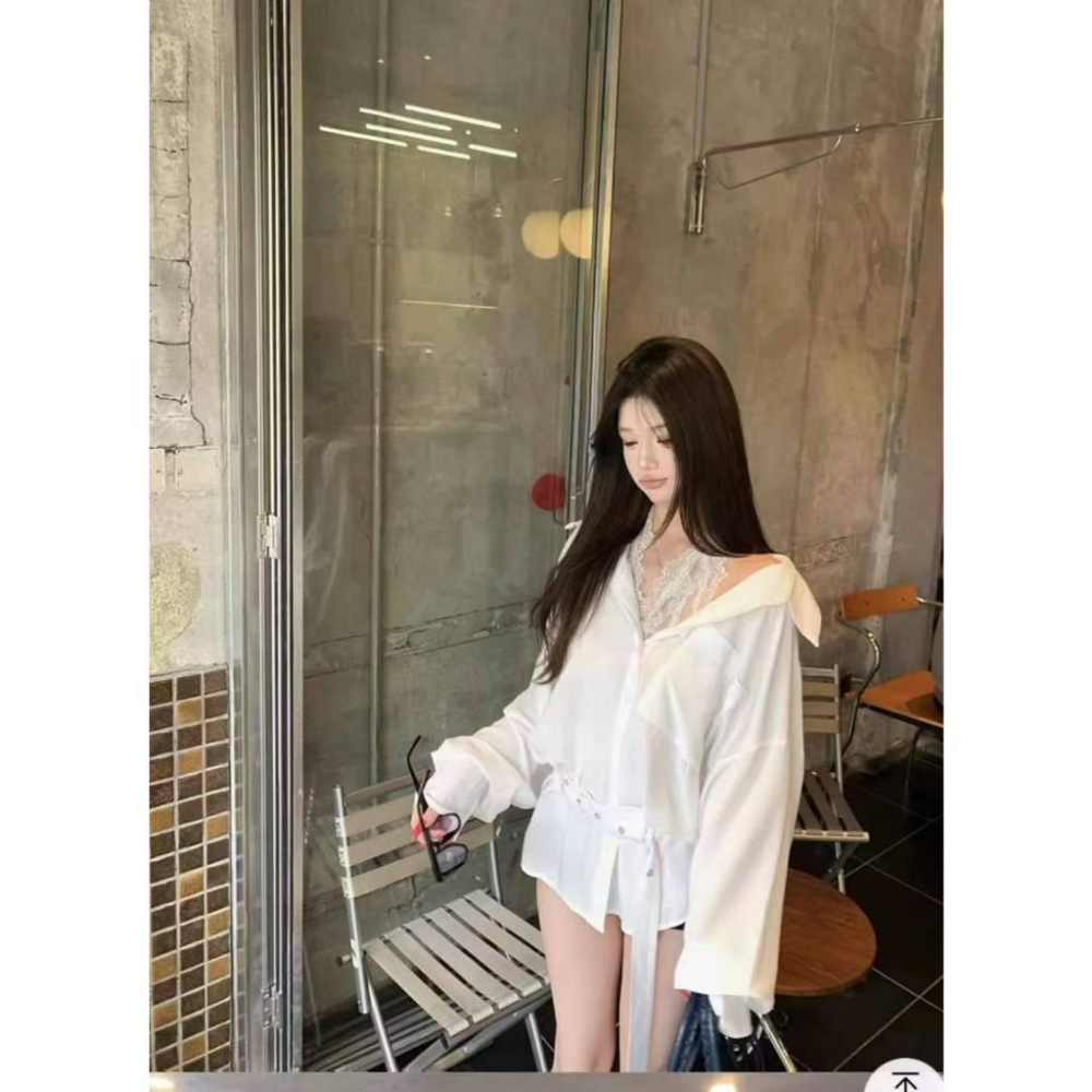 Number28 - (附腰帶)兩件式上衣 蕾絲背心+長版白襯衫 286303-細節圖6