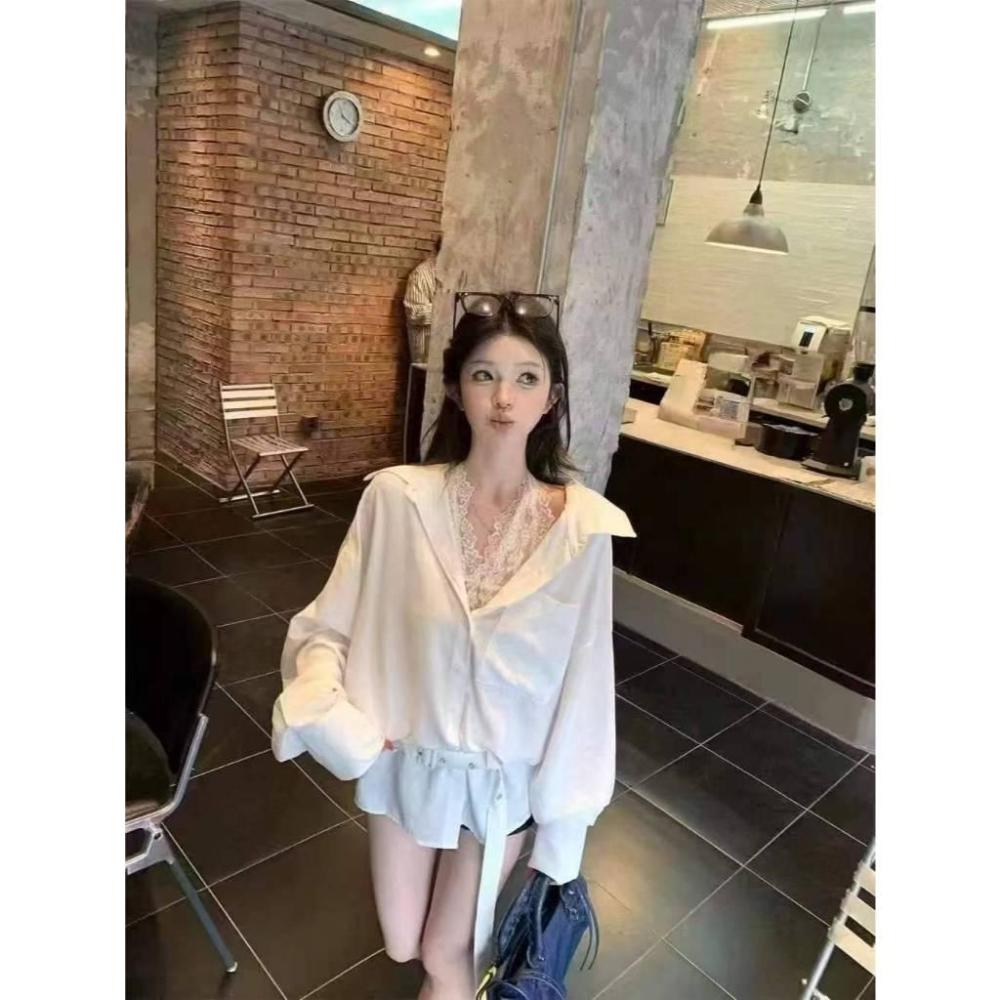 Number28 - (附腰帶)兩件式上衣 蕾絲背心+長版白襯衫 286303-細節圖8