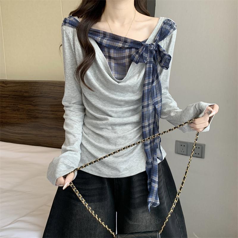 Number28 - 格紋拼接綁結長袖上衣 286309-細節圖8