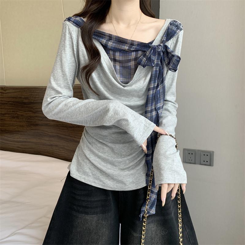 Number28 - 格紋拼接綁結長袖上衣 286309-細節圖9