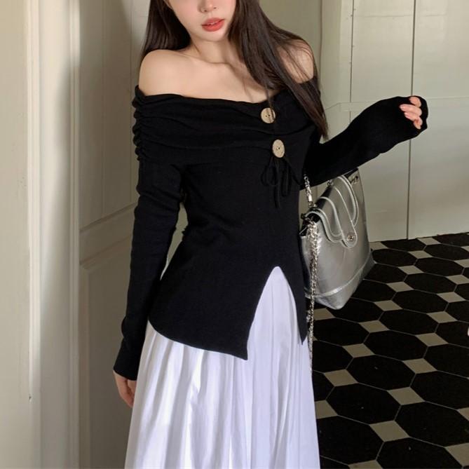 Number28 - (附綁繩)一字領前開岔長袖上衣 286301-細節圖5