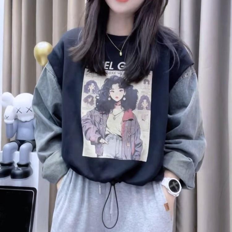 Number28 - 相片圖樣牛仔拼接大學T 286279-細節圖3