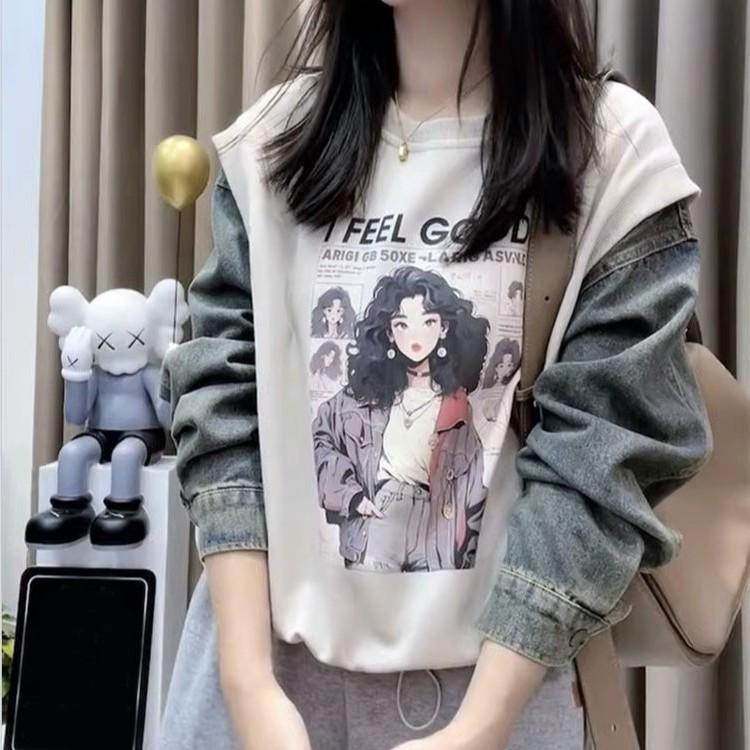 Number28 - 相片圖樣牛仔拼接大學T 286279-細節圖4