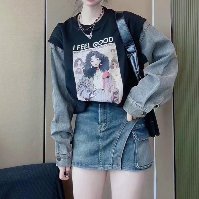 Number28 - 相片圖樣牛仔拼接大學T 286279-細節圖5