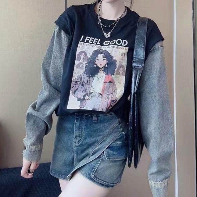 Number28 - 相片圖樣牛仔拼接大學T 286279-細節圖6