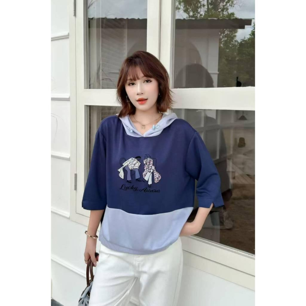 Number28 - 撞色拼布七分袖太空棉帽T 286263-細節圖3