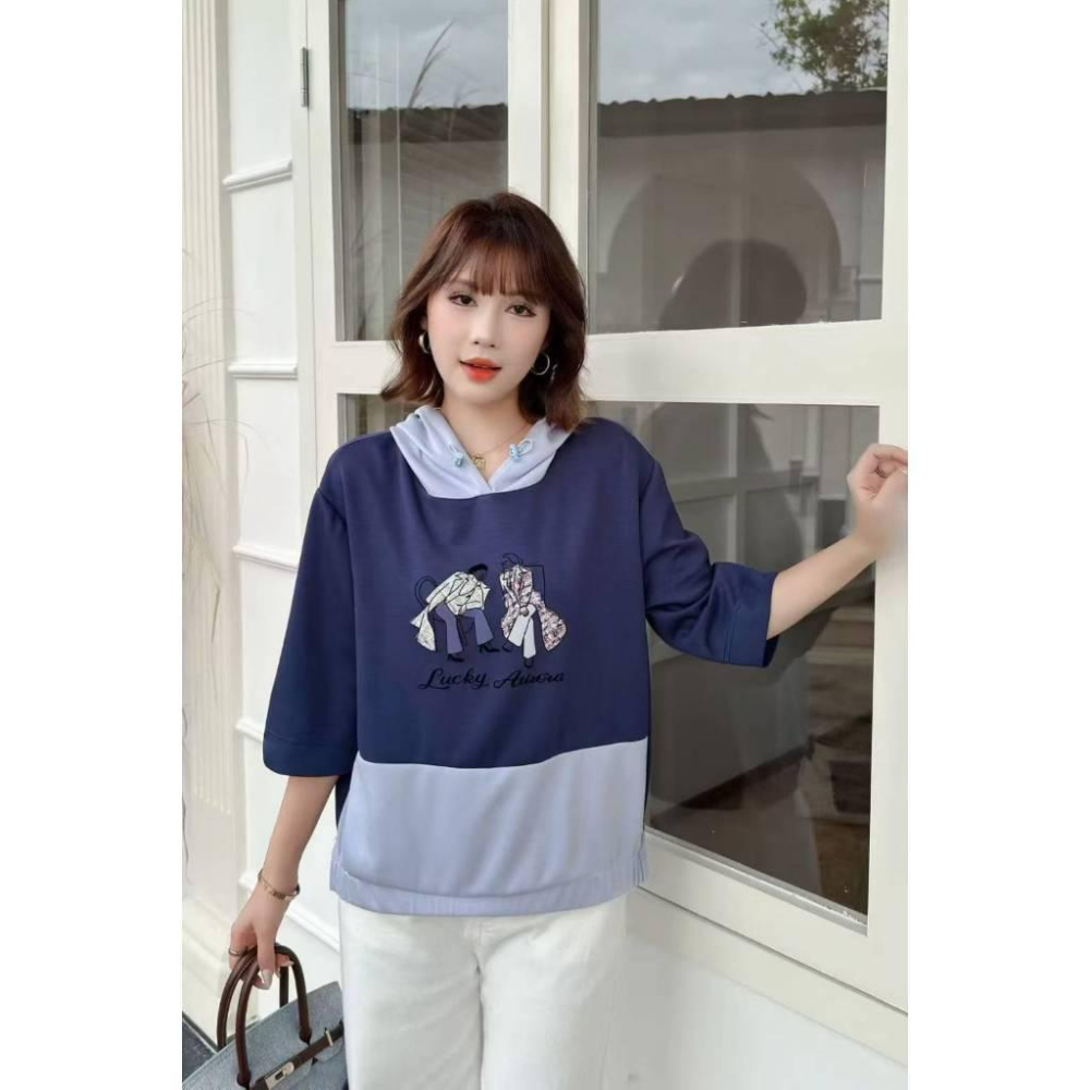 Number28 - 撞色拼布七分袖太空棉帽T 286263-細節圖4