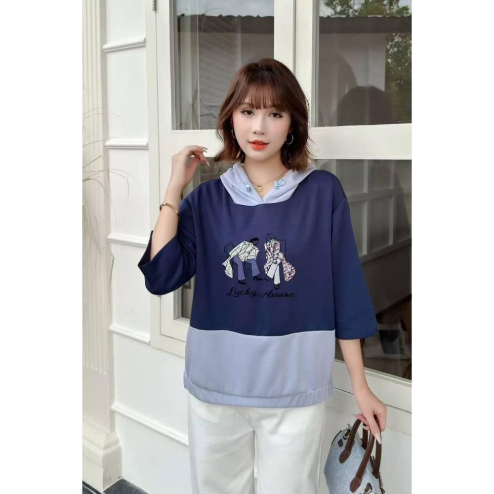 Number28 - 撞色拼布七分袖太空棉帽T 286263-細節圖5