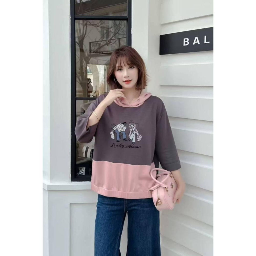 Number28 - 撞色拼布七分袖太空棉帽T 286263-細節圖7