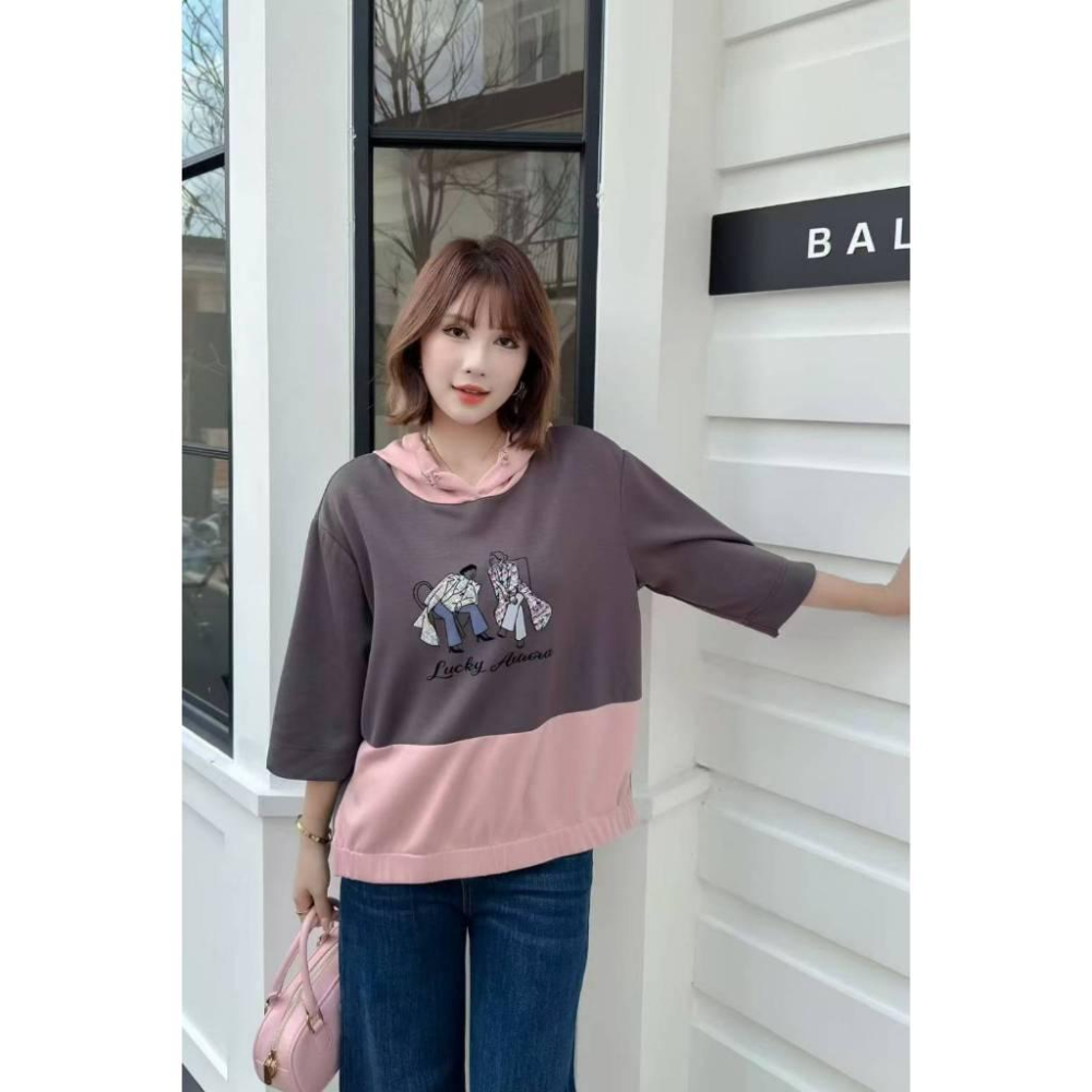 Number28 - 撞色拼布七分袖太空棉帽T 286263-細節圖8