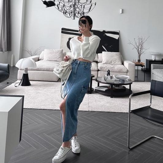 Number28 - 韓系前開岔口袋造型牛仔長裙 283543-細節圖3