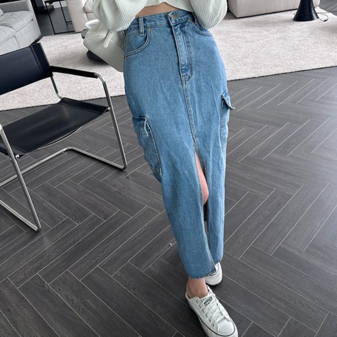 Number28 - 韓系前開岔口袋造型牛仔長裙 283543-細節圖5