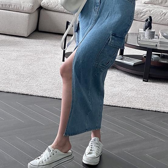 Number28 - 韓系前開岔口袋造型牛仔長裙 283543-細節圖6