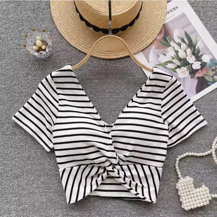 Number28 - 性感V領扭結條紋罩杯短版上衣 283602-細節圖2