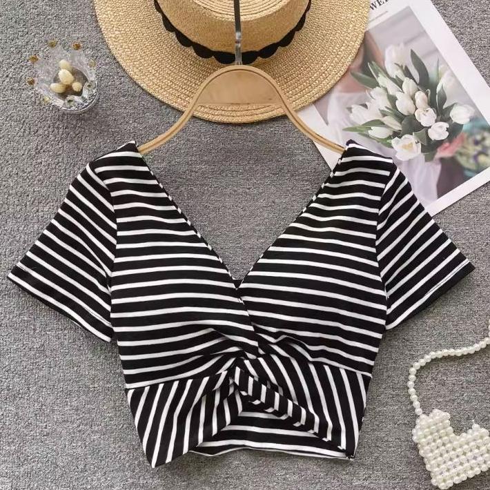 Number28 - 性感V領扭結條紋罩杯短版上衣 283602-細節圖3