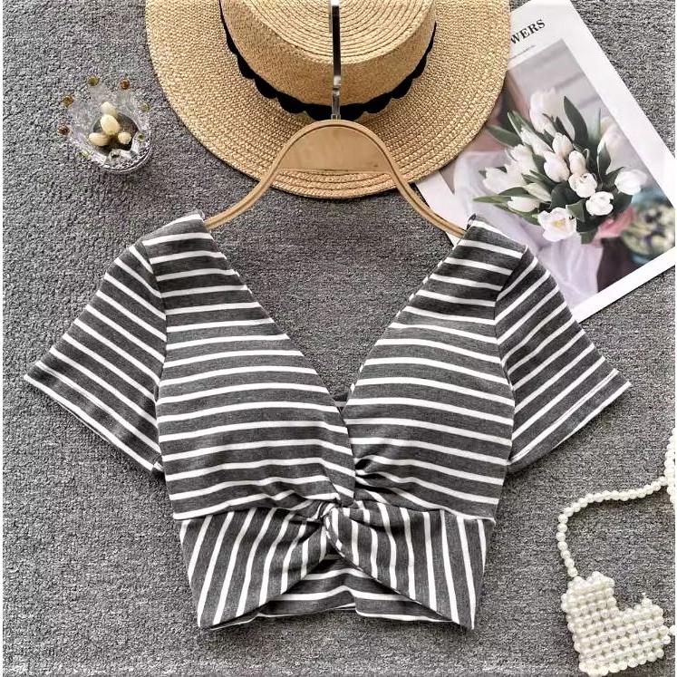 Number28 - 性感V領扭結條紋罩杯短版上衣 283602-細節圖5