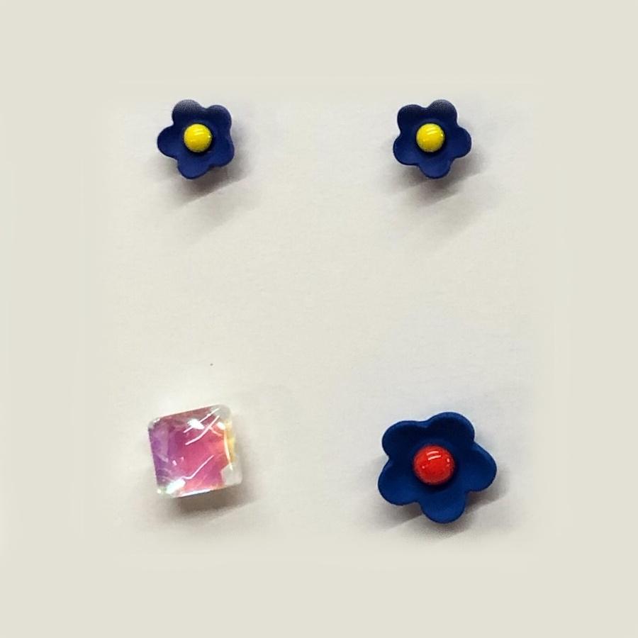 Number28 - 耳環 立體藍花藍心透明方形耳針式抗過敏耳環 282443-細節圖2